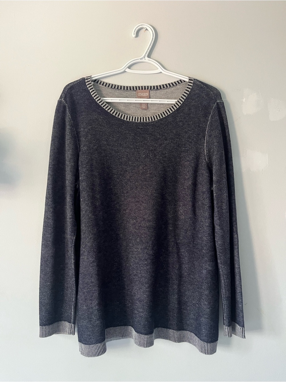 Chico's Charcoal Gray Crewneck Sweater with Striped Trim